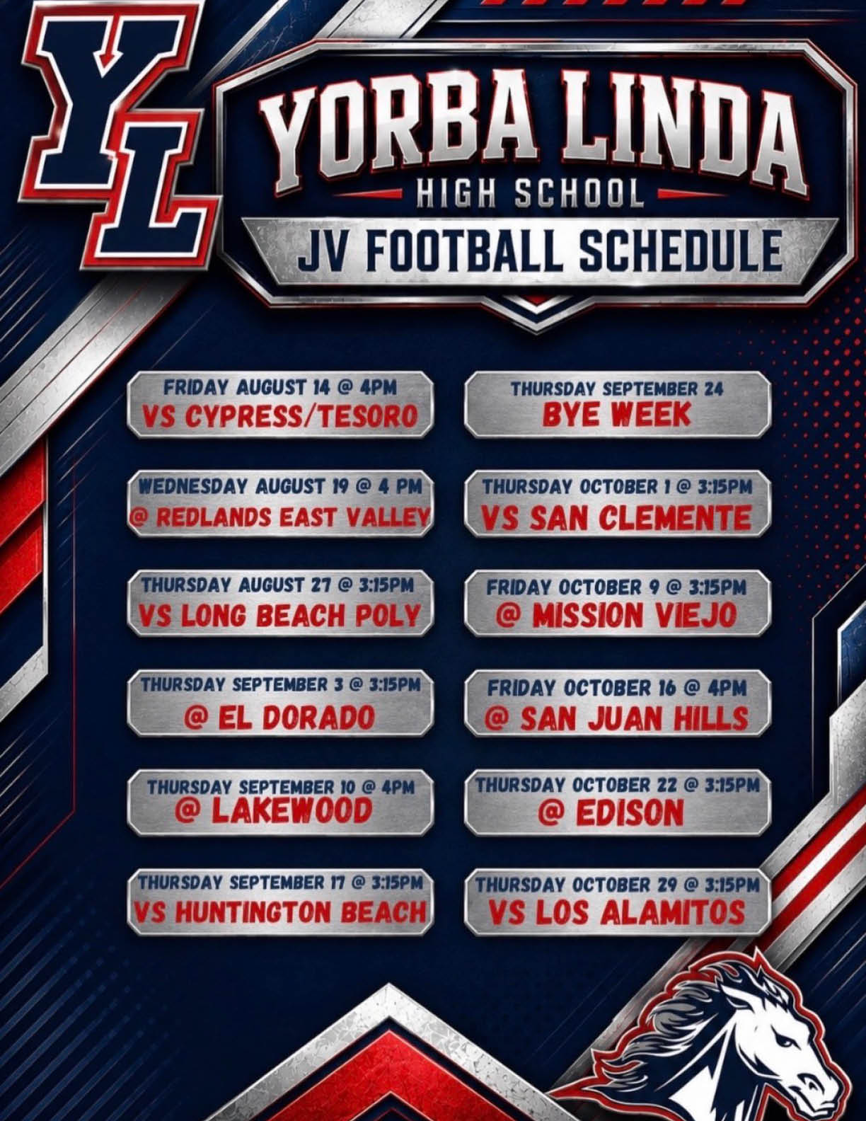 Yorba Linda High School JV football schedule with upcoming game dates and opponents listed in a bold, sporty design. Description generated by AI