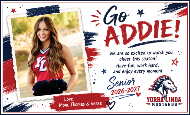 A person in a red cheerleading uniform with long hair smiles while holding blue pom-poms next to a colorful supportive message for a senior named Addie from the Yorba Linda Mustangs. Description generated by AI