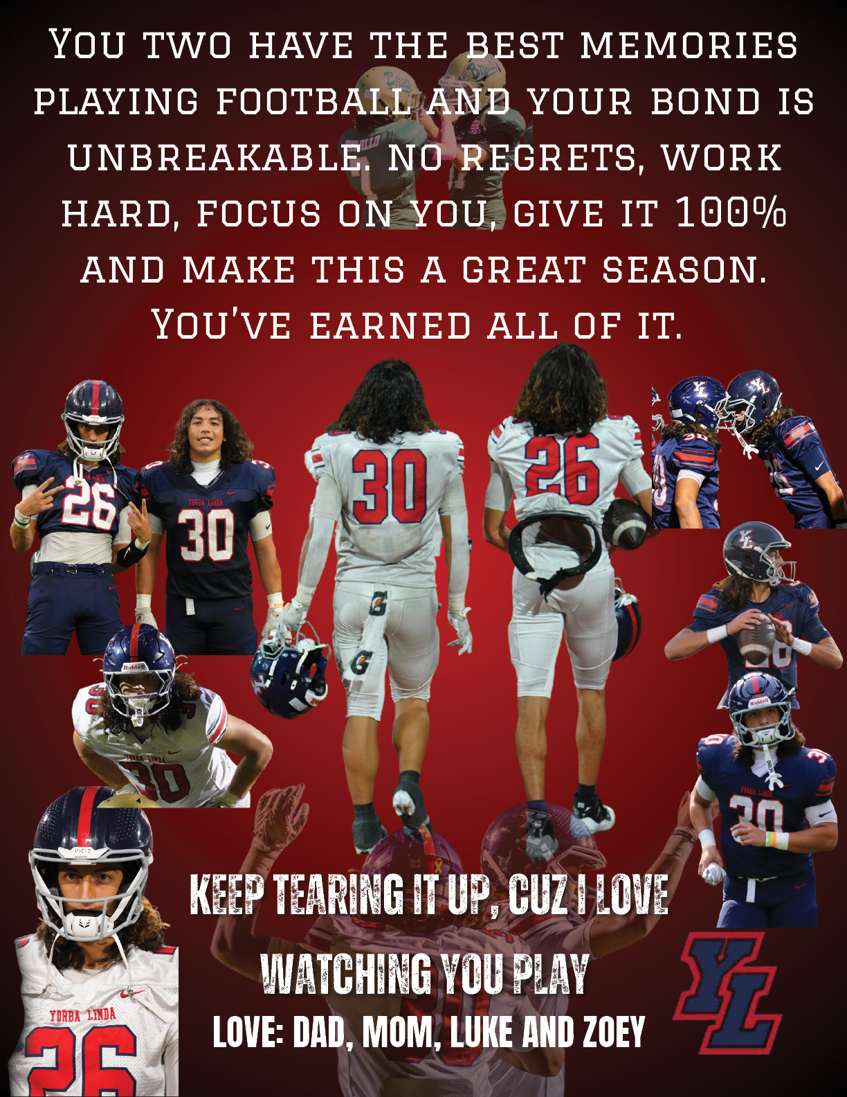 A motivational collage features multiple people in football uniforms with a heartfelt message from family encouraging hard work, focus, and celebrating a strong bond and great memories. Description generated by AI