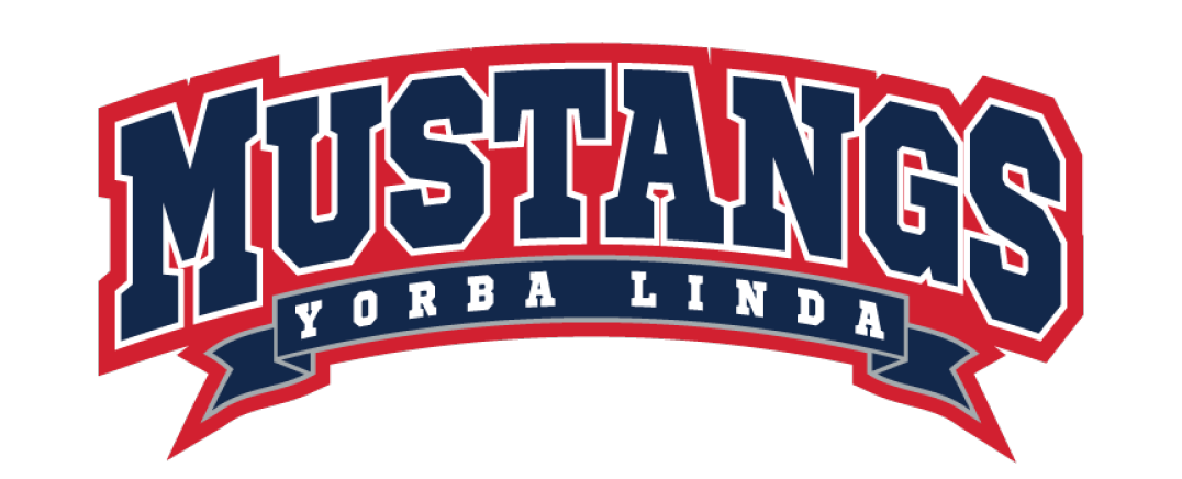 Mustangs Yorba Linda is written in bold navy blue letters with a red outline and a navy blue banner beneath the word Mustangs. Description generated by AI