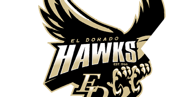 A stylized black and gold hawk with outstretched wings and sharp talons is featured alongside bold text reading “El Dorado Hawks" and "Est. 1966." Description generated by AI