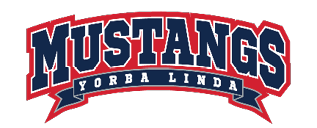 Mustangs Yorba Linda is written in bold navy blue letters with a red outline and a navy blue banner beneath the word Mustangs. Description generated by AI