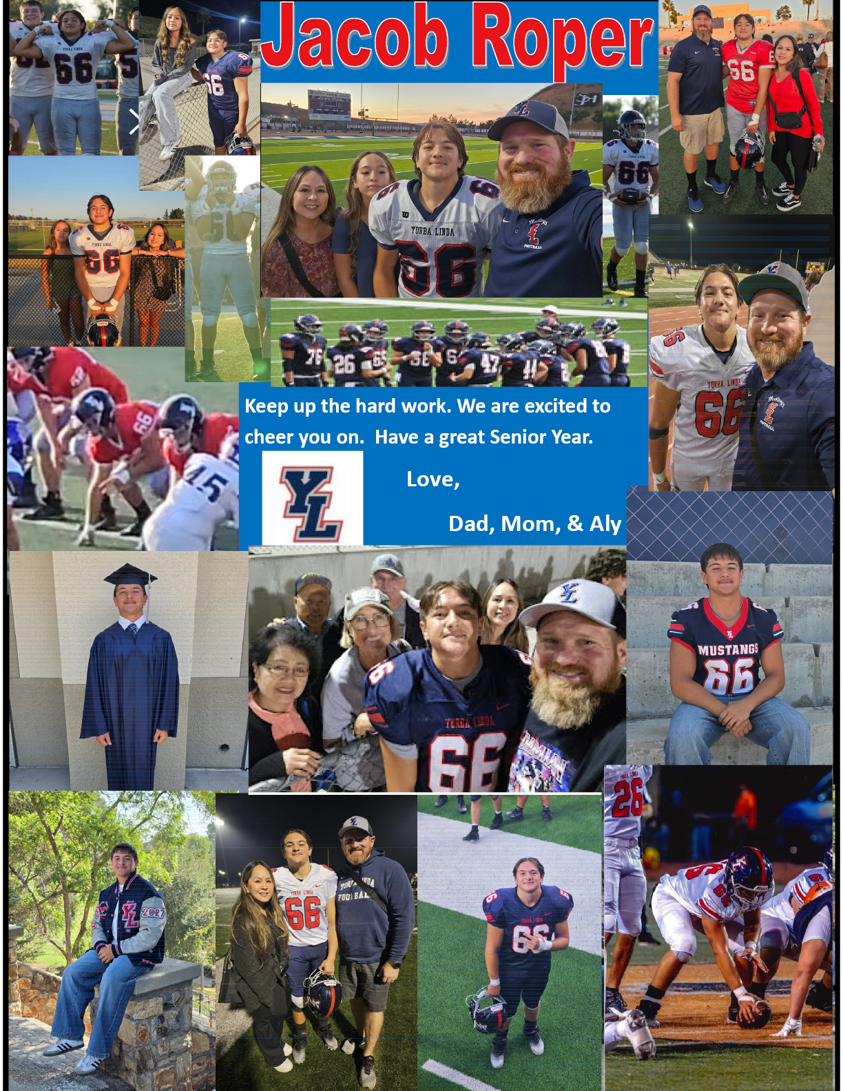 A sports tribute collage features a person in a football uniform kneeling on a field, a smaller action shot of the same person playing football, a family photo, and text celebrating Dayne Dalmas as an offensive player for the Yorba Linda Mustangs. Description generated by AI
