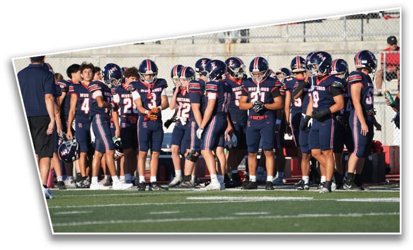 A group of people wearing matching football uniforms stand on a field with some holding helmets and others with hands behind their backs. Description generated by AI