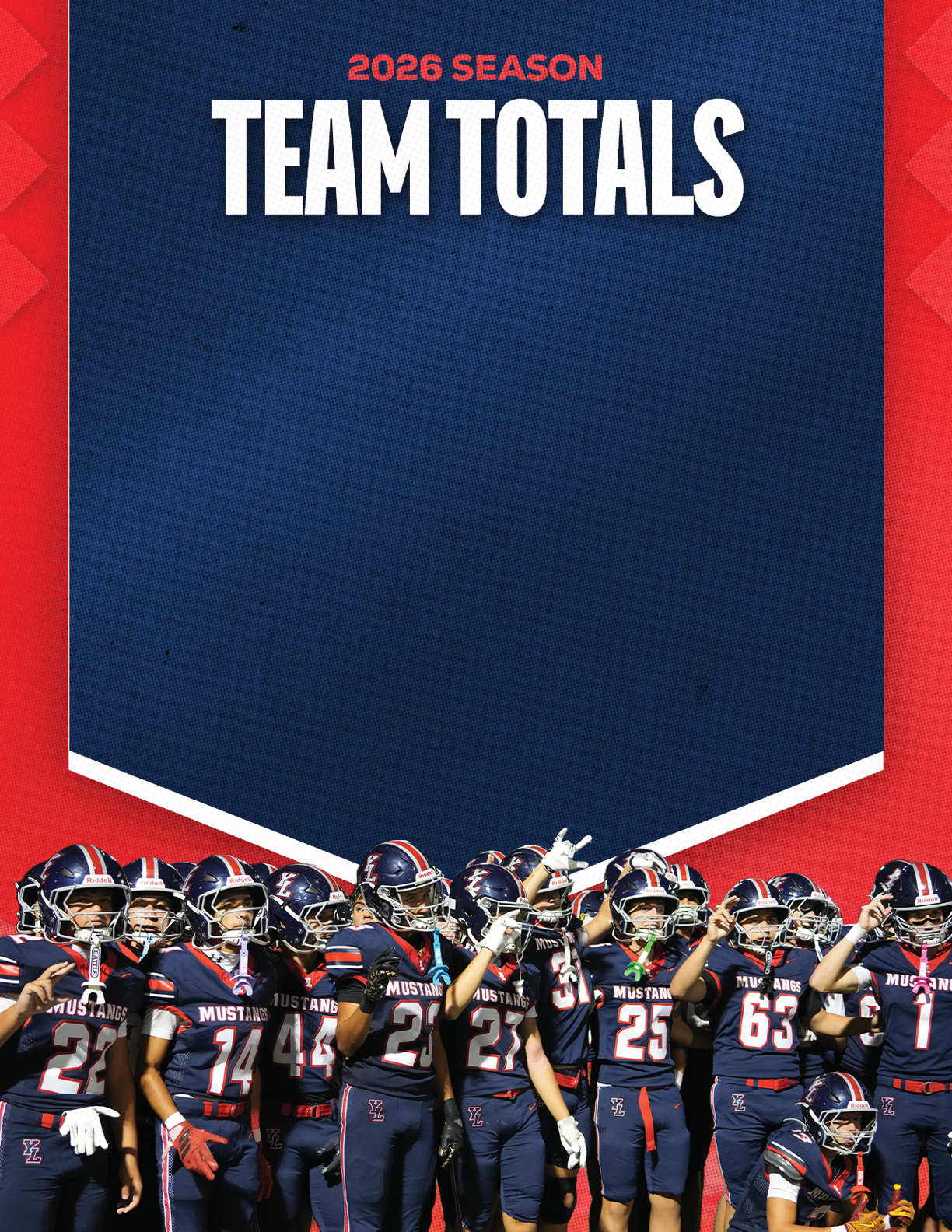 A group of people in matching dark sports uniforms with helmets stand together under a banner that reads “2026 Season Team Totals" on a red and blue background. Description generated by AI