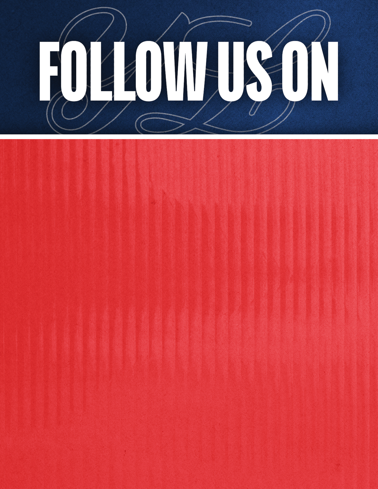 Follow us on social media text is displayed in bold white letters on a blue and red background. Description generated by AI