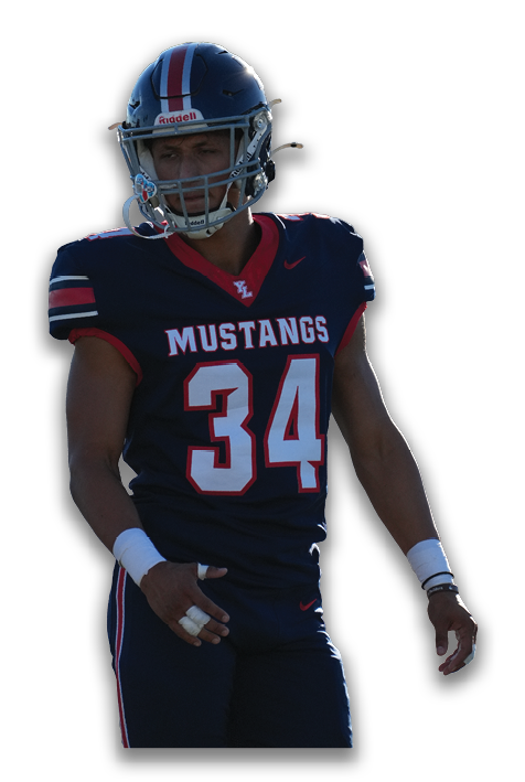 A person wearing a dark blue football uniform with the number 34 and the word Mustangs on the front is standing with a helmet and wrist tape. Description generated by AI