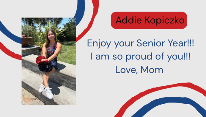 A person in a cheerleading outfit sits on outdoor steps holding red and blue pom-poms with a message expressing pride and encouragement for a senior year from a parent. Description generated by AI