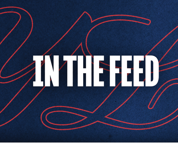 The text “IN THE FEED" is displayed in bold white capital letters on a dark blue textured background with red cursive lines. Description generated by AI