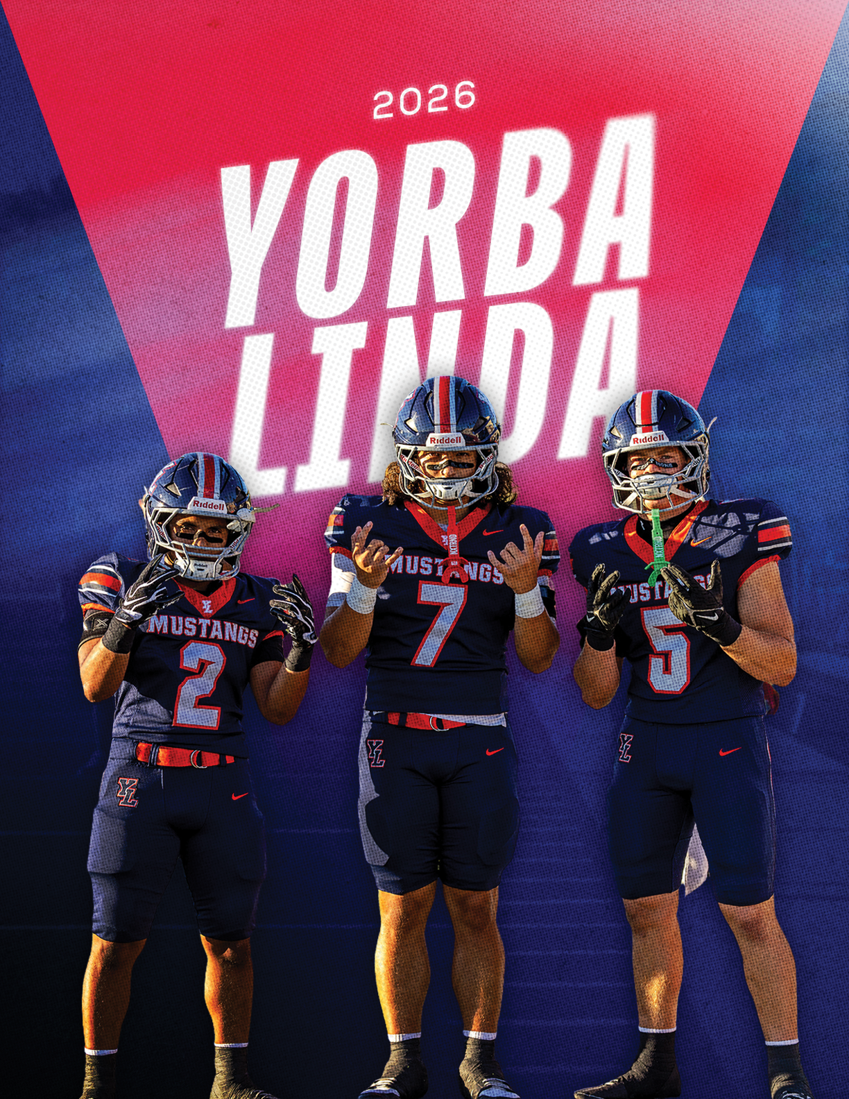 Three people in football uniforms with helmets stand in front of a red and blue background with the text “2026 Yorba Linda." Description generated by AI