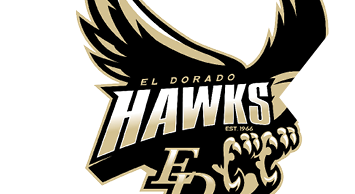 A stylized black and gold hawk with outstretched wings and sharp talons is featured alongside bold text reading “El Dorado Hawks" and "Est. 1966." Description generated by AI