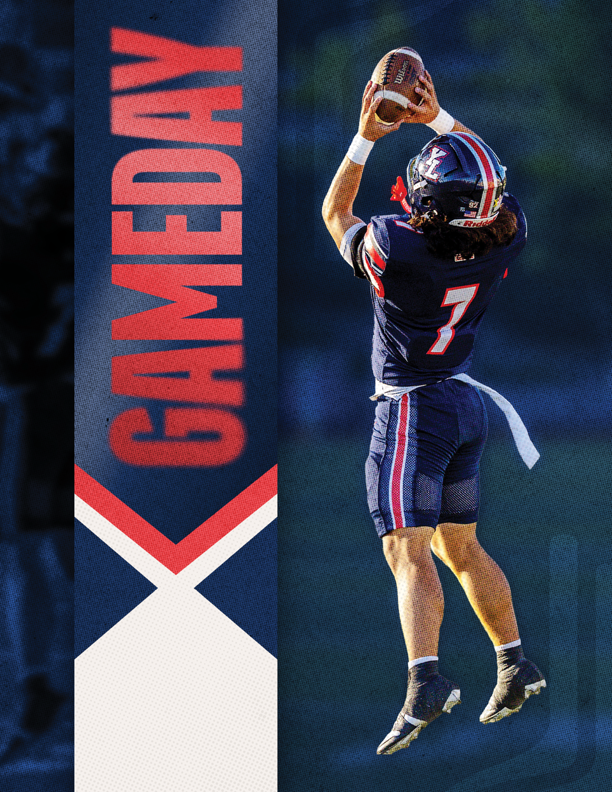 A person wearing a dark blue football uniform with the number seven is jumping to catch a football next to a vertical banner that says GAMEDAY in red letters. Description generated by AI