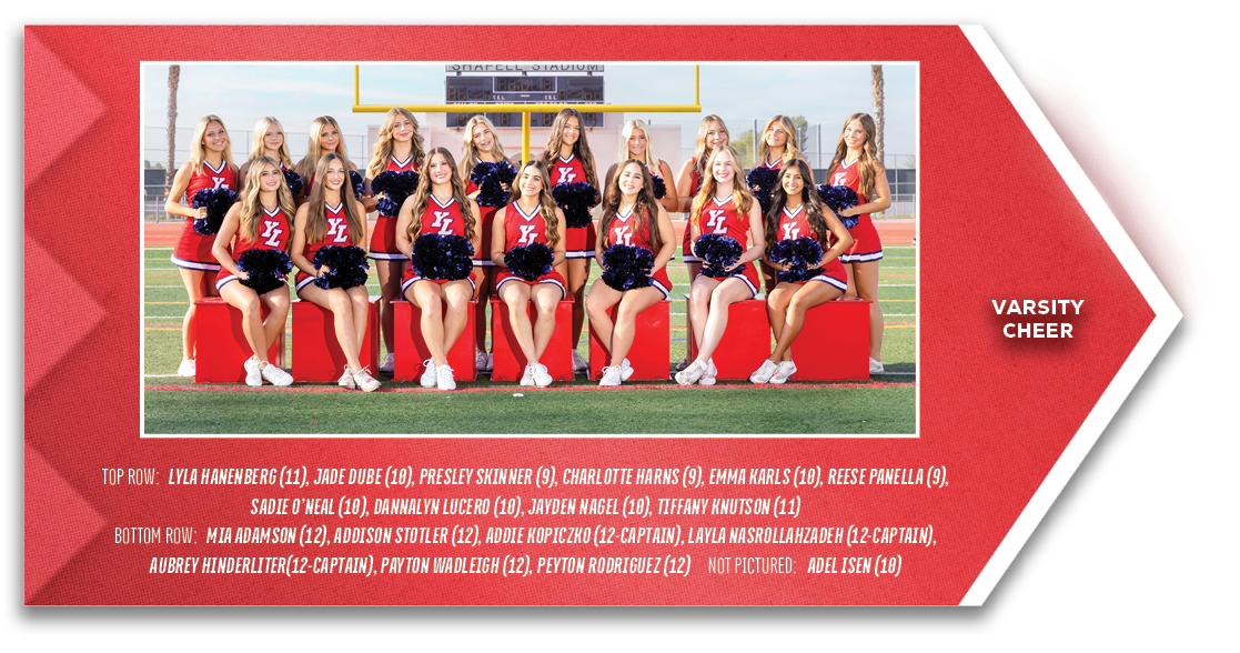 Varsity cheer,TOP ROW: Lyla Hanenberg (11), Jade Dube (10), Presley Skinner (9), Charlotte Harns (9), Emma Karls (10)...