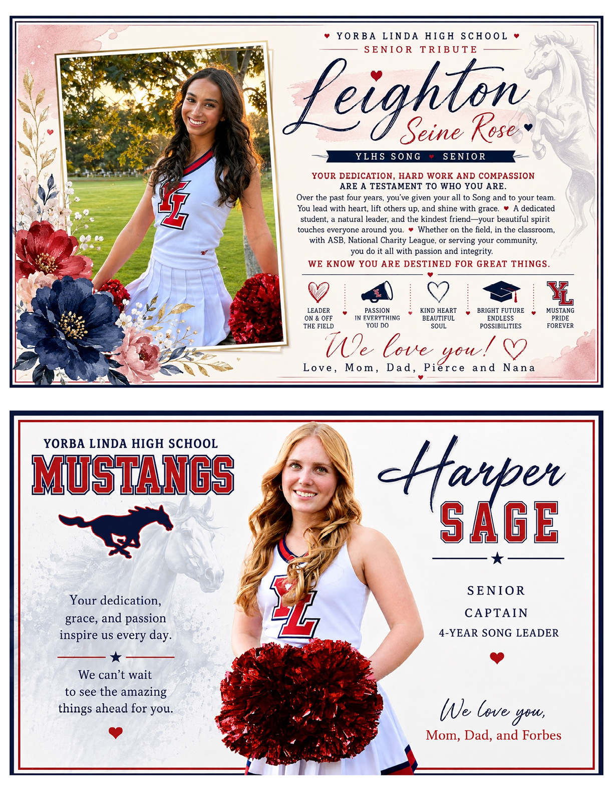 Two adults wearing cheerleading uniforms pose with pom-poms alongside personalized senior tribute and school spirit graphics for Yorba Linda High School Mustangs. Description generated by AI