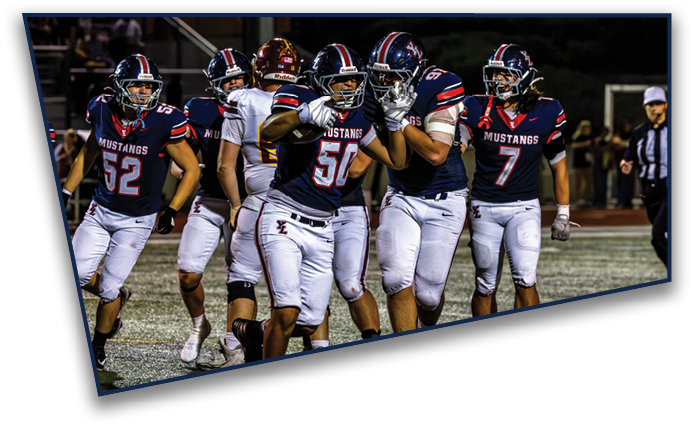 A group of people wearing football uniforms with “Mustangs" on their jerseys are standing together on a field. Description generated by AI