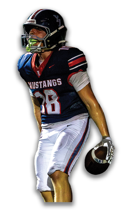 A person wearing a Mustangs football uniform with the number 28 is holding a football and appears to be preparing to throw it. Description generated by AI