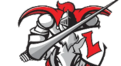 A stylized knight in armor holding a lance and shield with a red “L" riding a horse with a red plume behind. Description generated by AI