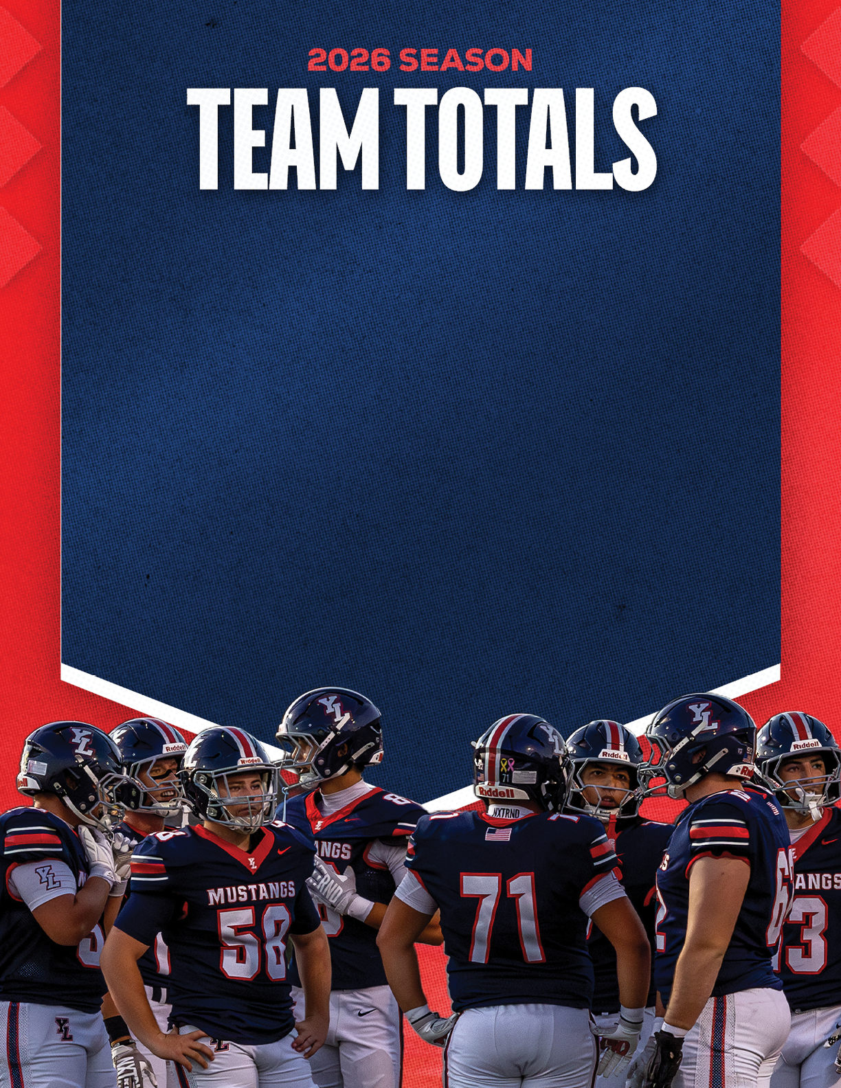 A group of people wearing dark blue football uniforms with red and white stripes are gathered together under a banner that reads 2026 season team totals. Description generated by AI