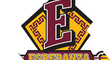 A stylized logo featuring a large maroon letter E above the word Esperanza with decorative yellow and maroon patterns and an arrow running horizontally through the text. Description generated by AI