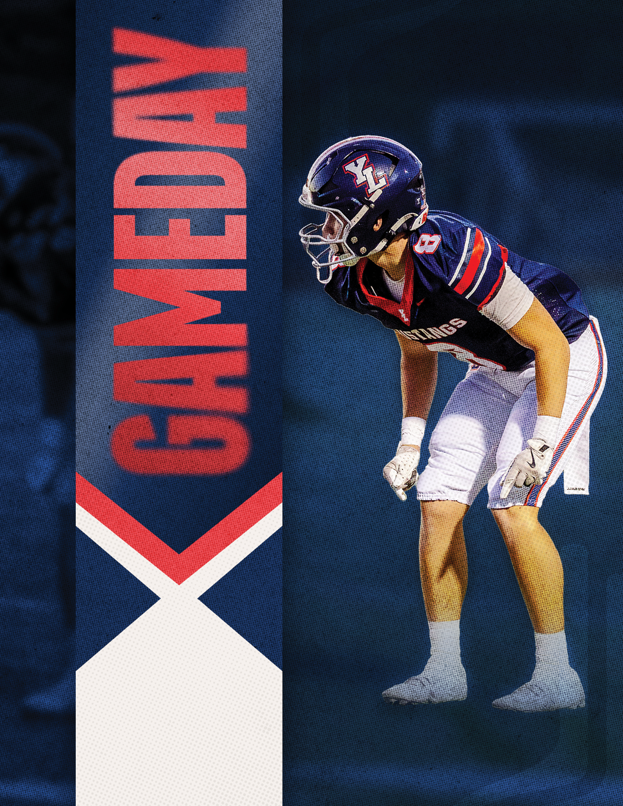 A person in a football uniform and helmet is crouched in a ready position next to a vertical banner with the word GAMEDAY in bold red letters on a blue and white background. Description generated by AI