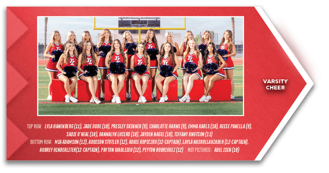 Varsity cheer,TOP ROW: Lyla Hanenberg (11), Jade Dube (10), Presley Skinner (9), Charlotte Harns (9), Emma Karls (10)...