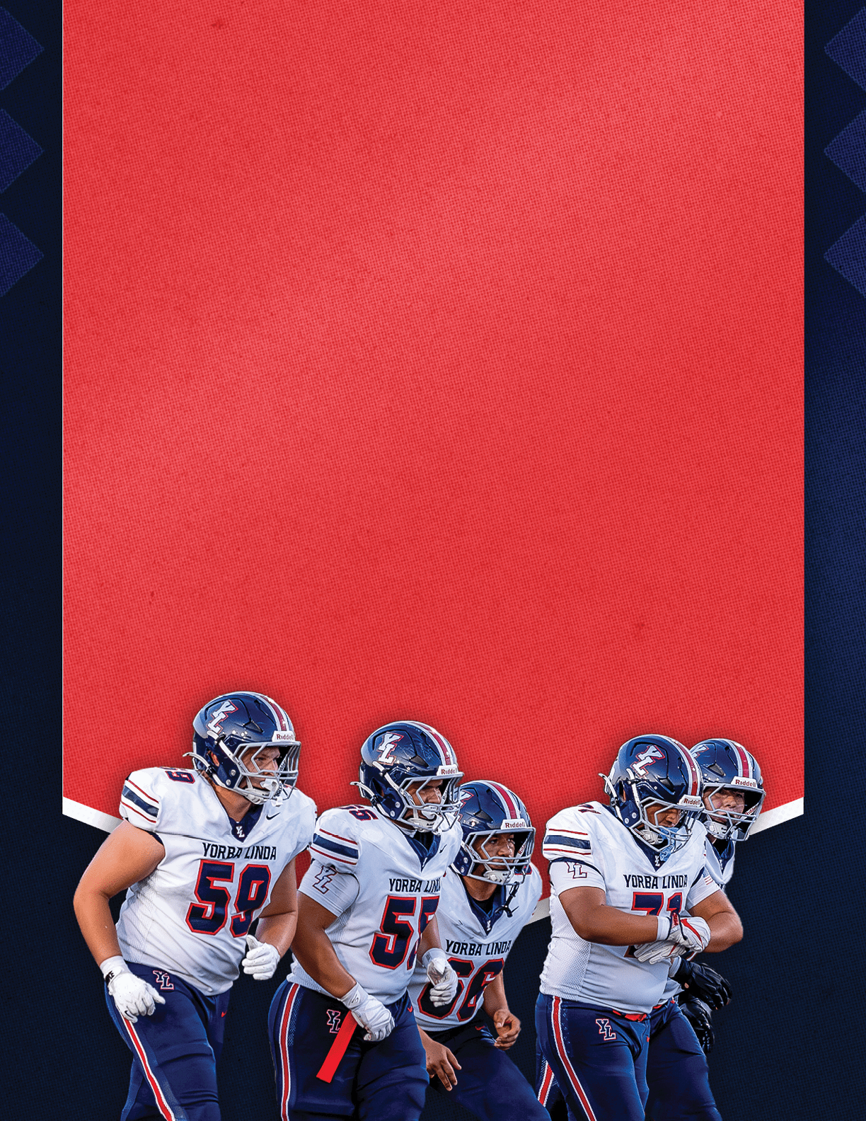 Five people in football uniforms and helmets are standing together at the bottom of a red and dark blue background. Description generated by AI