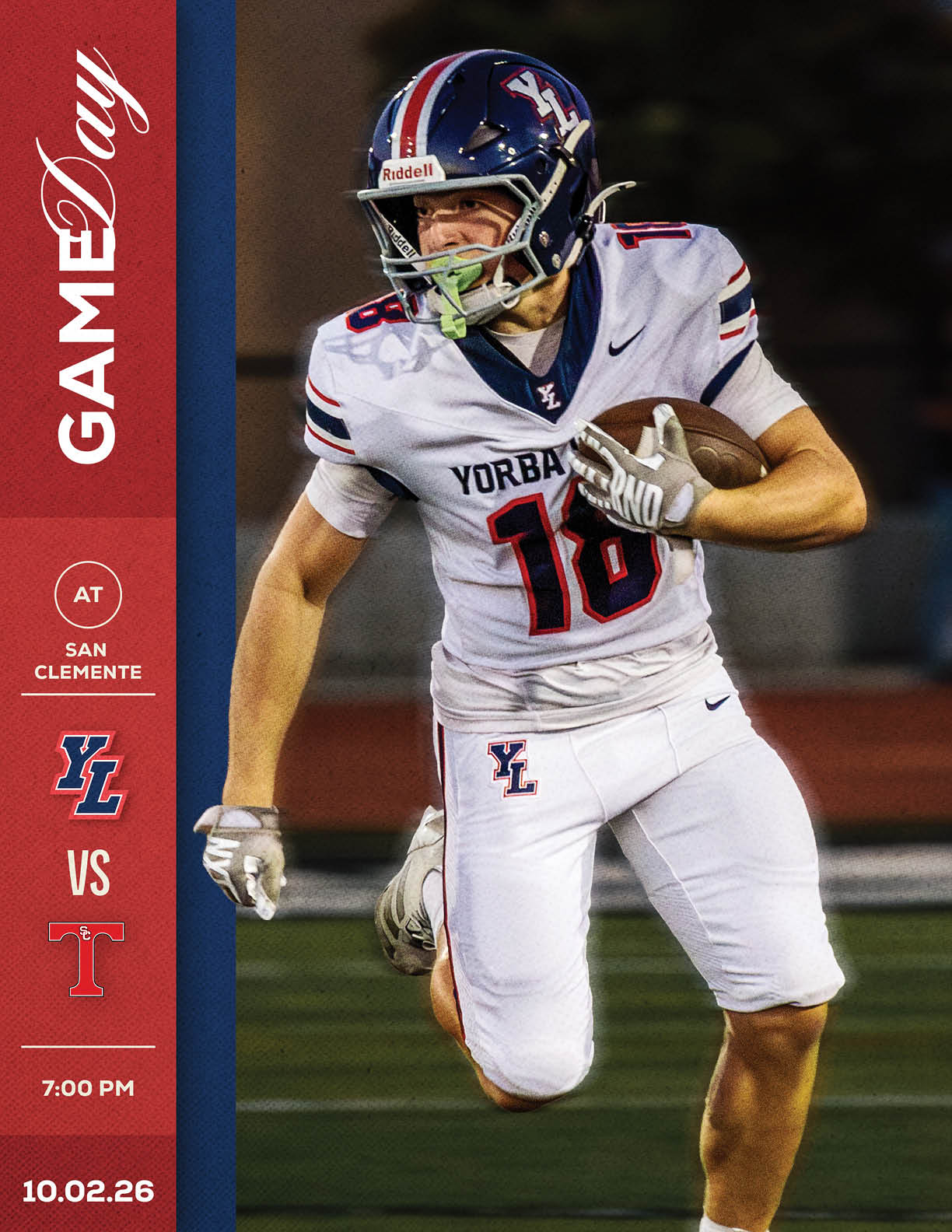 A person in a white football uniform with the number 18 is running on a field holding a football, with a red and blue vertical banner on the left side showing a game day announcement for a match between Yorba Linda and San Clemente. Description generated by AI