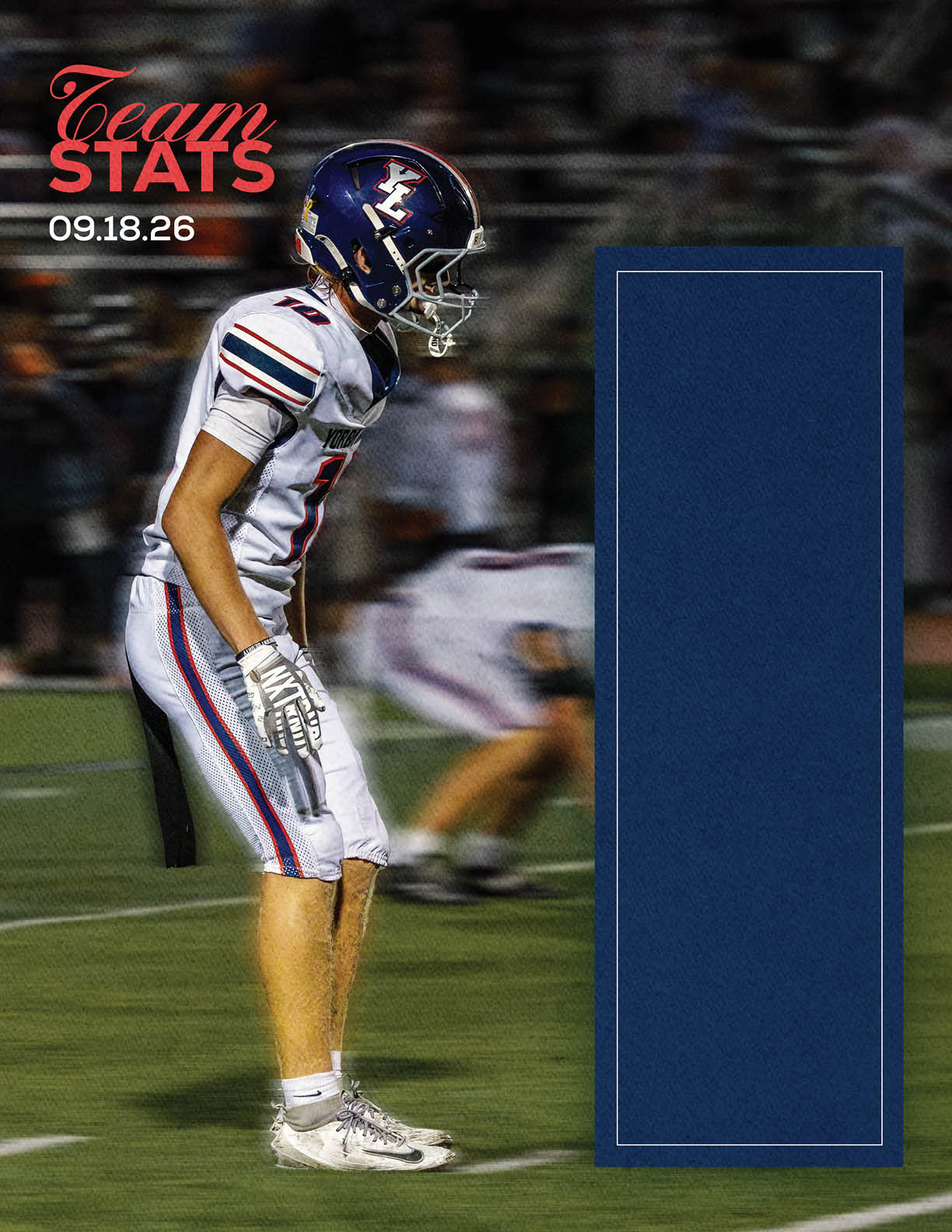 A person in a football uniform and helmet is standing on a field with blurred spectators in the background and a blue rectangular graphic on the right side. Description generated by AI
