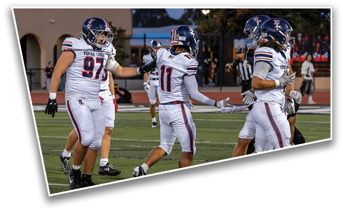 People in football uniforms are on a field, with some reaching out to each other as if celebrating or communicating during a game. Description generated by AI