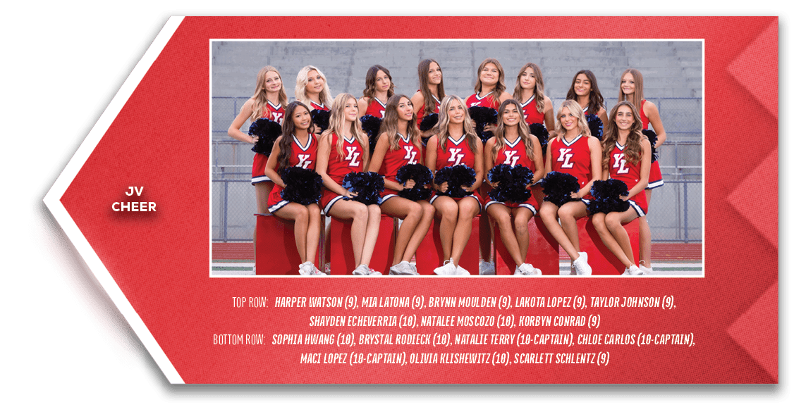 jv cheer,TOP ROW: Harper Watson (9), Mia Latona (9), Brynn Moulden (9), Lakota Lopez (9), Taylor Johnson (9), Shayden...