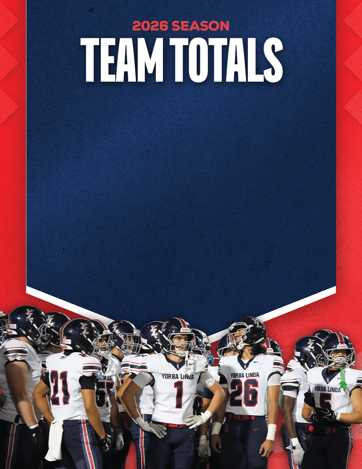 A group of people in white sports uniforms with helmets stand together under a banner that reads 2026 season team totals against a red and blue background. Description generated by AI