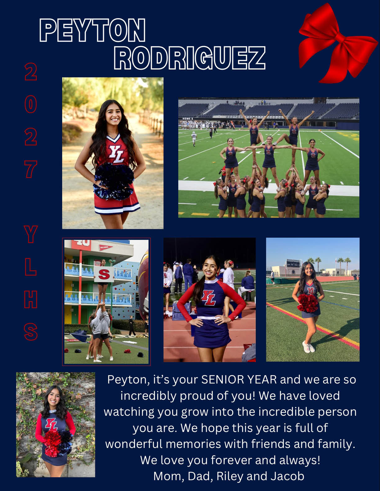A senior tribute collage features a person in various cheerleading poses and uniforms on a football field and school grounds, with a heartfelt message from family expressing pride and love for their senior year. Description generated by AI