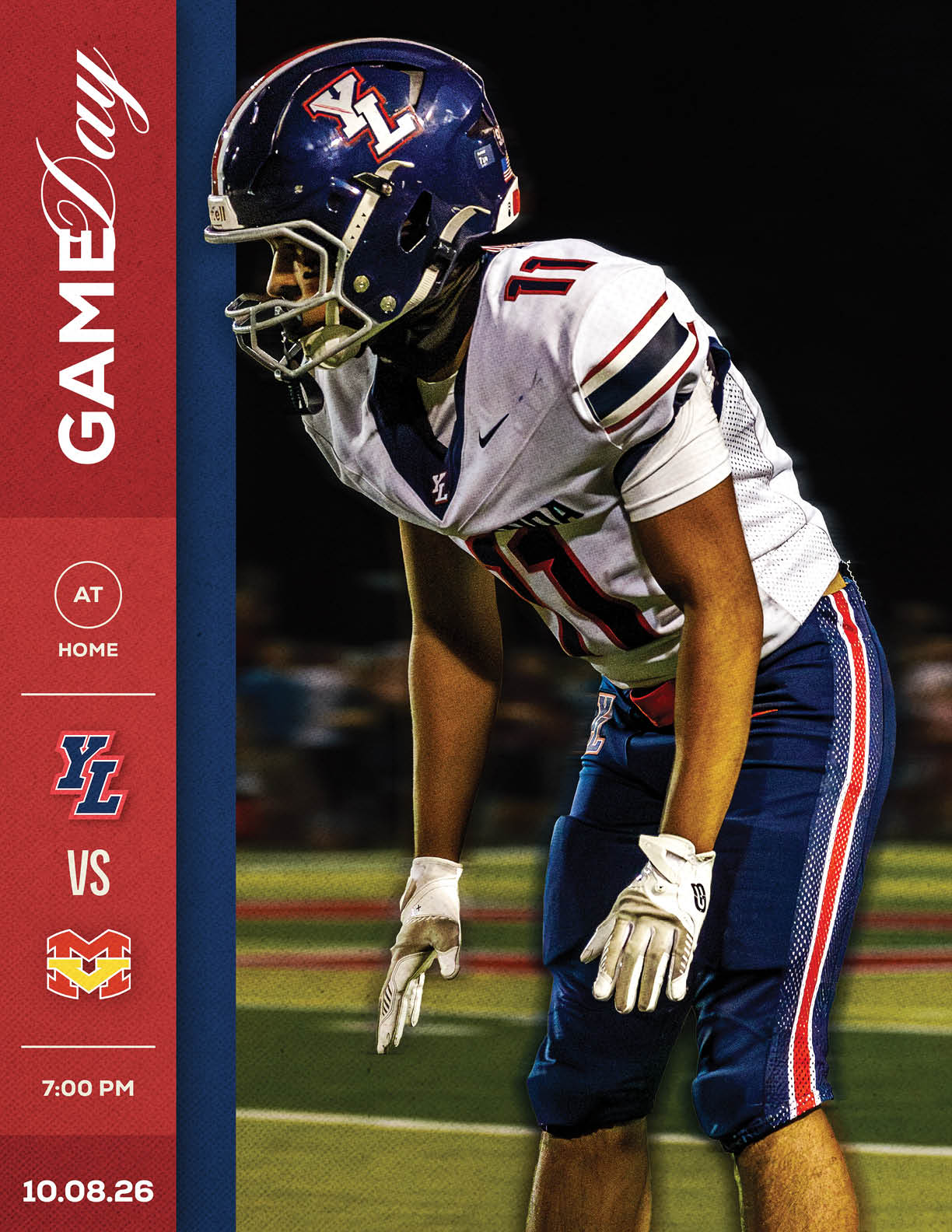 A person in a football uniform with a helmet and gloves is bent forward in a ready stance on a football field at night with a graphic showing a game day matchup between two teams and the date and time. Description generated by AI