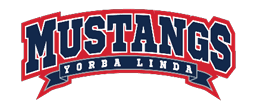 Mustangs Yorba Linda is written in bold navy blue letters with a red outline and a navy blue banner beneath the word Mustangs. Description generated by AI
