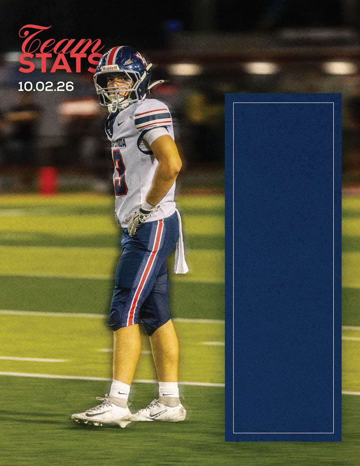A person in a football uniform stands on a field with hands on hips, with text reading “Team Stats 10.02.26" in the upper left corner and a large blue rectangle on the right side. Description generated by AI