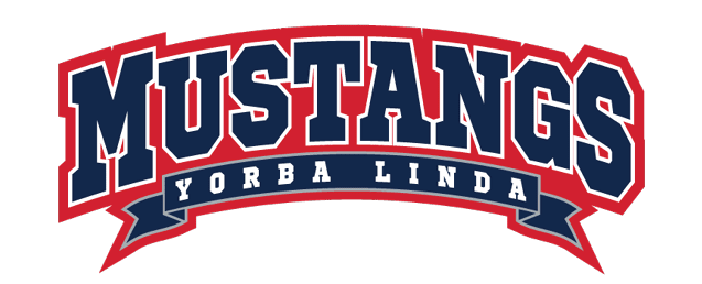 Mustangs Yorba Linda is written in bold navy blue letters with a red outline and a navy blue banner beneath the word Mustangs. Description generated by AI