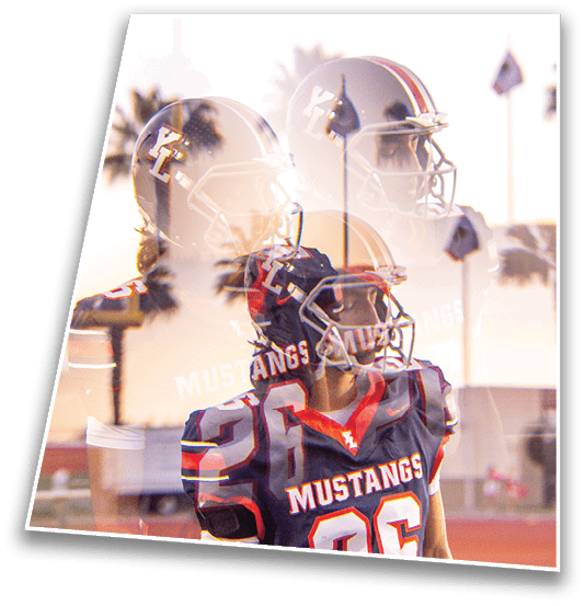 A person wearing a Mustangs football uniform and helmet is standing on a field with a double exposure effect showing multiple overlapping images of the same person. Description generated by AI