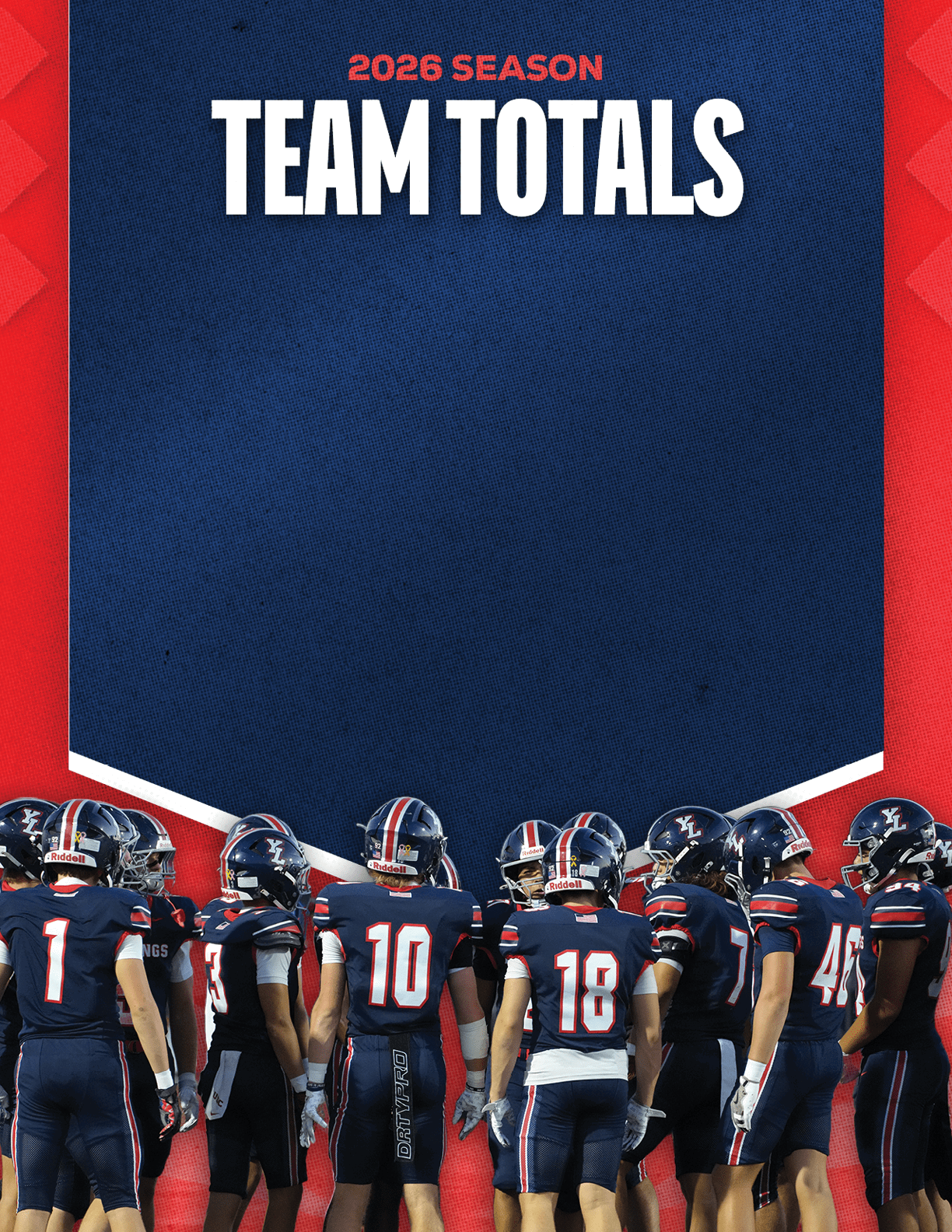 A group of people wearing dark blue football uniforms with helmets stand together in a huddle against a red and blue background with the text 2026 season team totals above them. Description generated by AI
