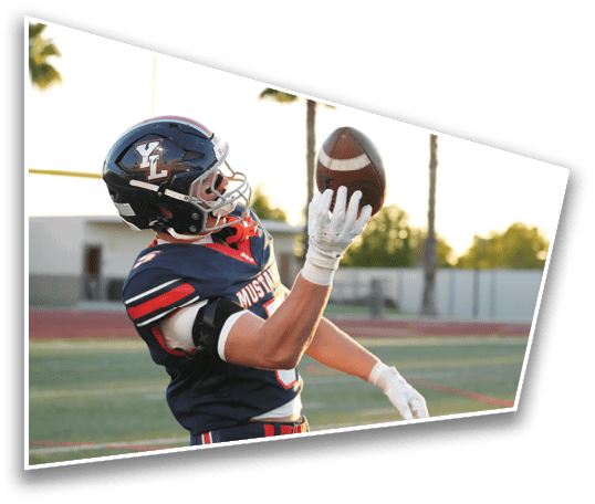 A person wearing a football uniform and helmet is catching a football on a field with palm trees in the background. Description generated by AI
