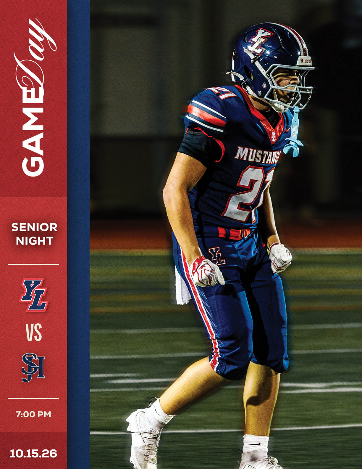 An adult football player in a navy blue uniform with red and white stripes and a helmet is standing on a field during a senior night game between teams labeled YL and SH. Description generated by AI