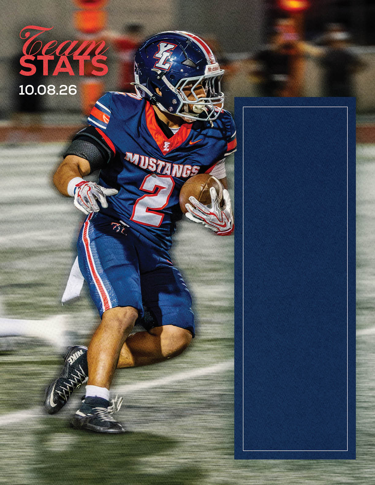A person wearing a blue and orange football uniform with the number 2 is running on a field while holding a football, with blurred figures in the background and text reading “Team Stats 10.08.26" in the top left corner. Description generated by AI