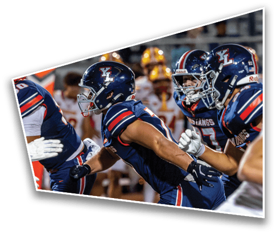 Several football players wearing helmets with a “YL" logo are gathered closely on a field with blurred spectators in the background. Description generated by AI