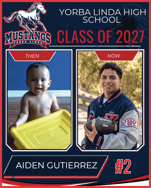 A side-by-side comparison shows a child holding a yellow container labeled “Then" and an adult wearing a letterman jacket holding a football labeled "Now" with text indicating they are part of the Yorba Linda High School Class of 2027. Description generated by AI
