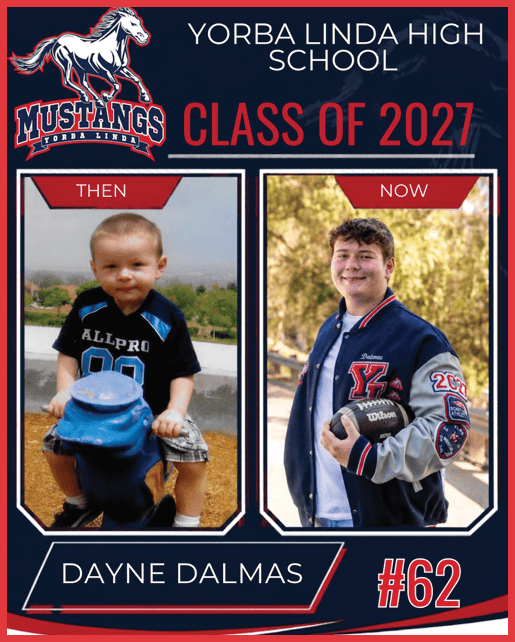 A then-and-now senior recognition graphic from Yorba Linda High School shows a child sitting on a blue playground spring rider and a smiling person holding a football wearing a letterman jacket with class and name details. Description generated by AI