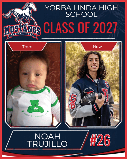 A side-by-side comparison shows a child wearing a white and green shirt with a teddy bear graphic labeled “Then" and an adult with long curly hair wearing a letterman jacket holding a football labeled "Now" with text indicating the person is Noah Trujillo from Yorba Linda High School Class of 2027. Description generated by AI