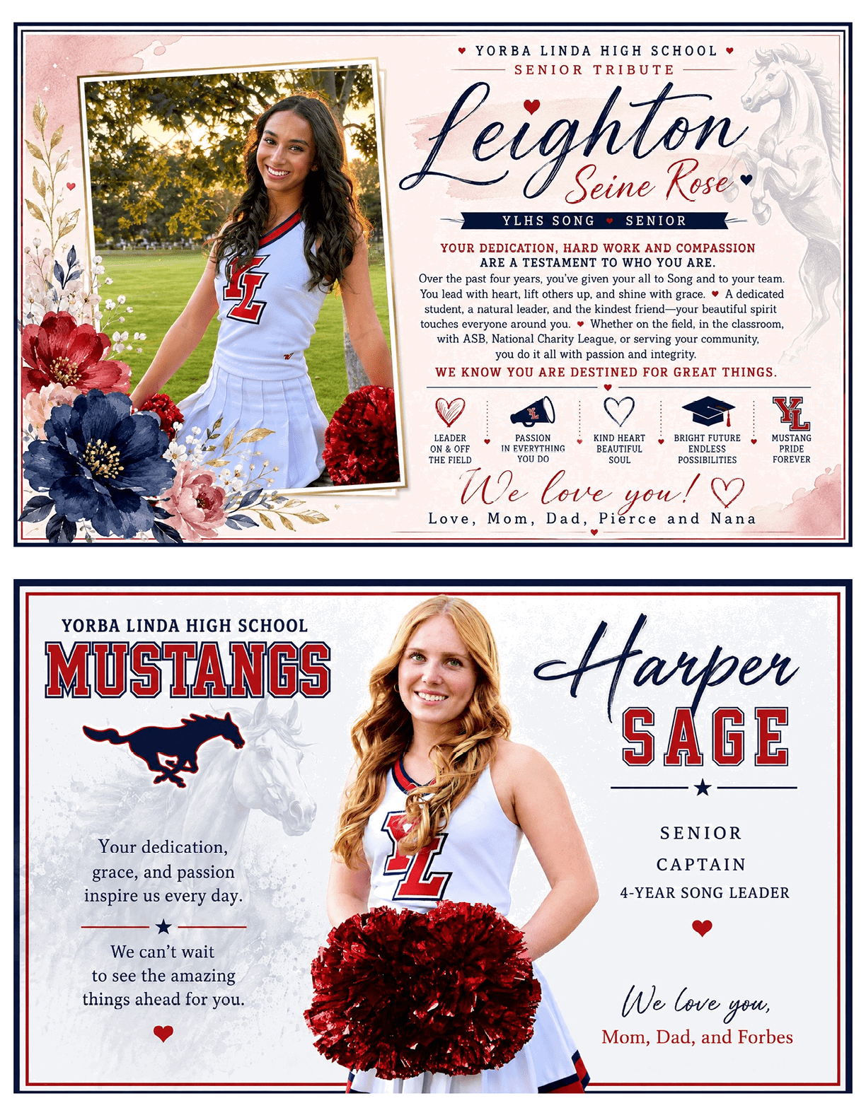 Two adults wearing cheerleading uniforms pose with pom-poms alongside personalized senior tribute and school spirit graphics for Yorba Linda High School Mustangs. Description generated by AI