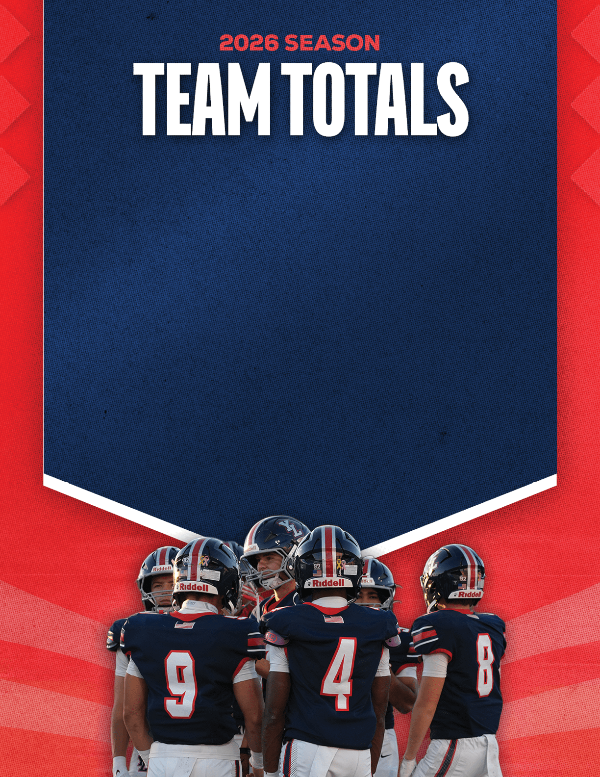 A group of people wearing dark sports uniforms with numbers on their backs stand closely together under a banner that reads 2026 season team totals. Description generated by AI