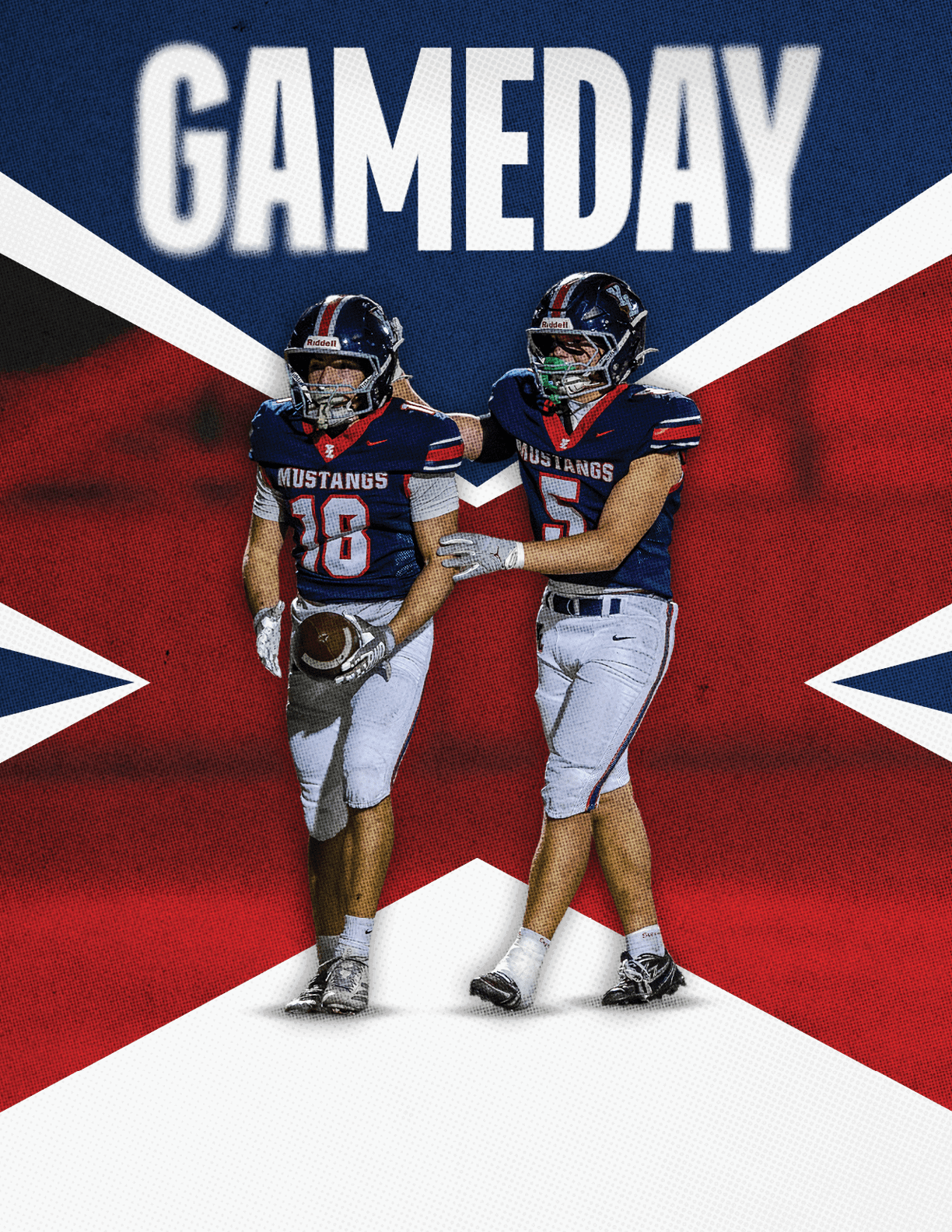 Two people in football uniforms with helmets stand on a stylized background featuring a large star and the word GAMEDAY above them. Description generated by AI