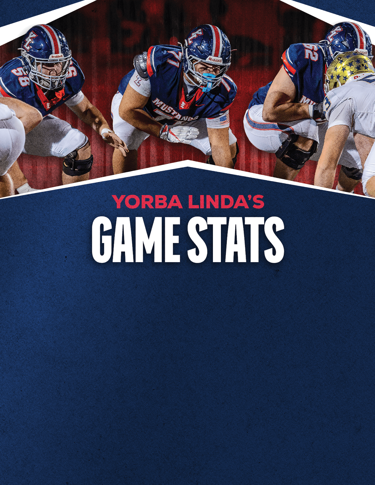 Three people in football uniforms are crouched in a ready position above text that reads Yorba Linda's Game Stats on a blue background. Description generated by AI