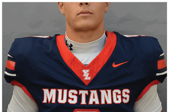A person wearing a navy blue football jersey with red and white accents and the word “MUSTANGS" on the front stands against a gray background. Description generated by AI